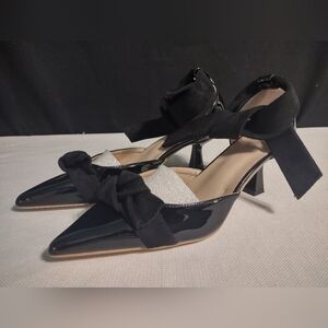 Unbranded Faux Patent Leather Pointy Heels With Bow Ankle Tie Sz 40 Us 9-9.5